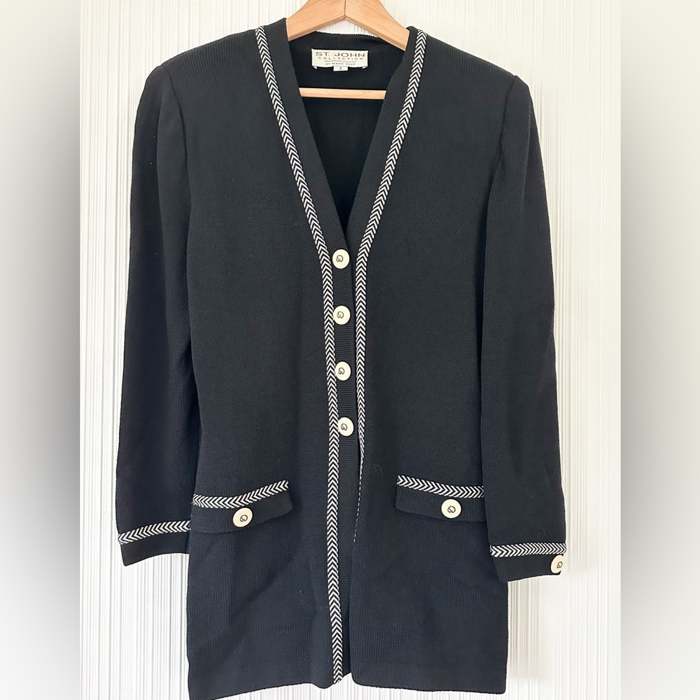 St. John Collection Santana Knit Button Front Cardigan/ Black and White 2 - Picture 10 of 11
